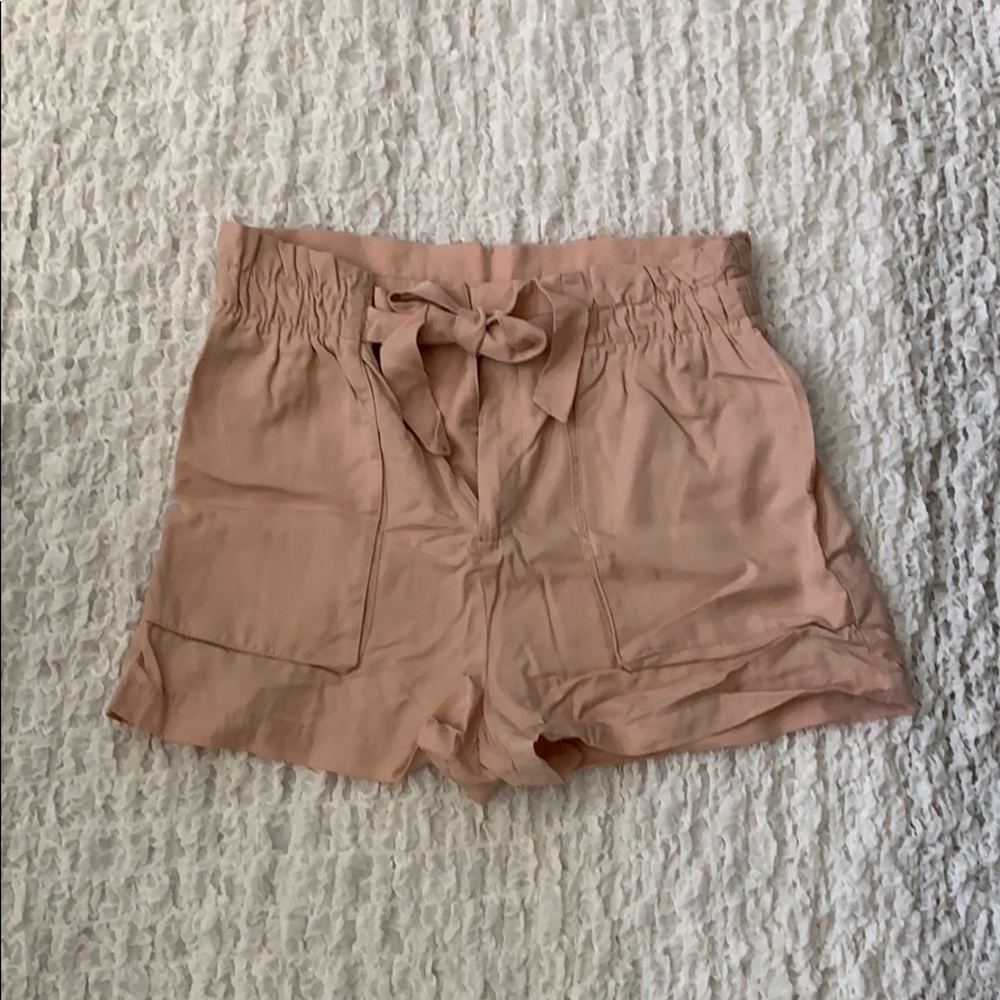 Pink high waisted tie paper bag shorts